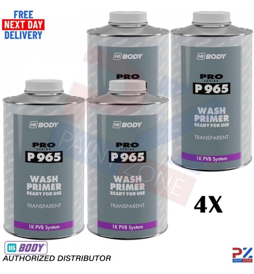 4x HB Body P965 1K Wash Primer 1L - Transparent Etch Aluminium, Galv, Stainless